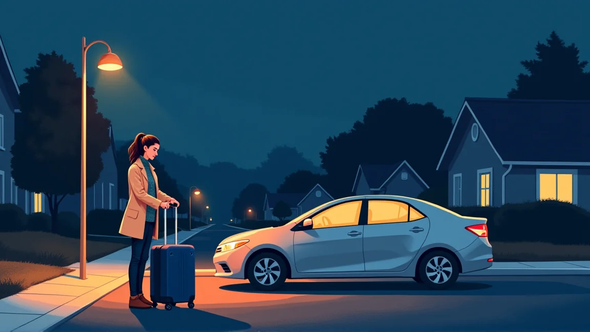 夜明け前の住宅街で、スーツケースを手に腕時計を見る女性と停まっている車のイラスト